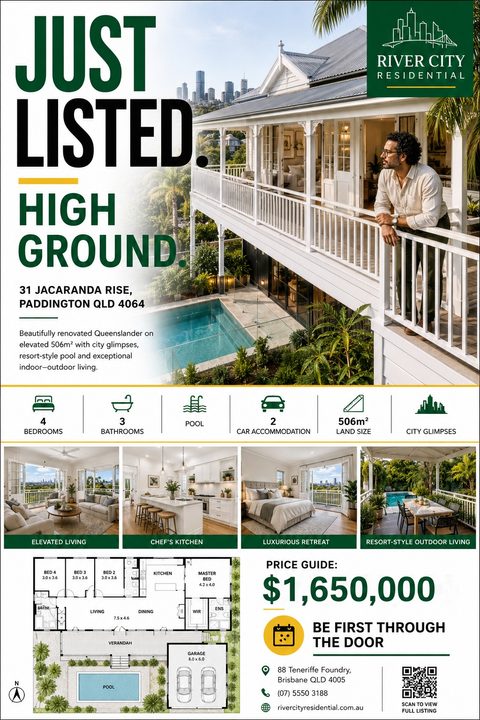Real estate just listed flyer featuring a large photo of a two-story house with a pool, a grid of four interior photos, property icons, a floor plan, and a price guide.