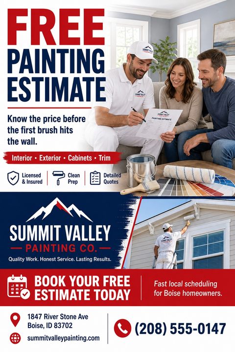 A painting company flyer with a bold "FREE PAINTING ESTIMATE" headline. It features a painter showing a quote to a couple, an exterior painting photo, service icons, and a red booking banner.