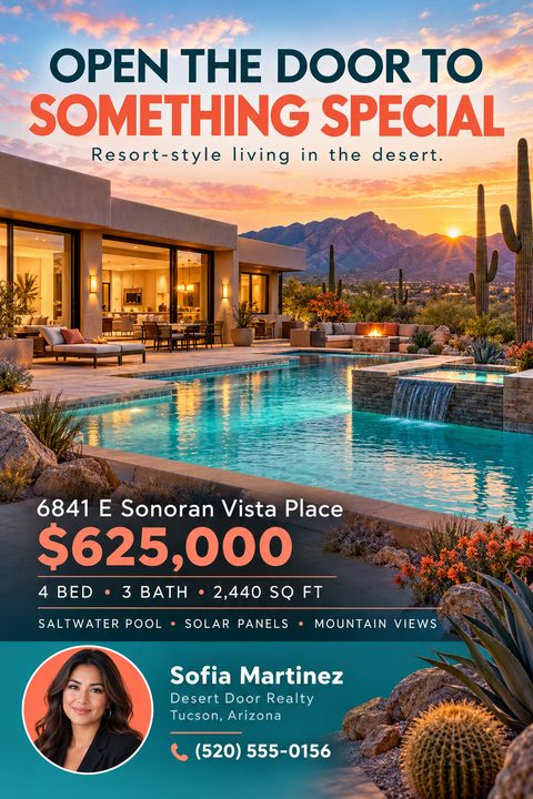 Real estate listing flyer featuring a large photo of a modern desert home with a pool at sunset. Bold teal and coral text highlights the price, property details, and real estate agent's contact information.