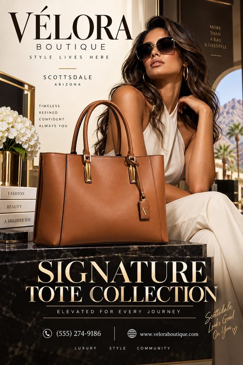 A luxury boutique flyer featuring a woman in sunglasses sitting next to a brown leather tote bag on a marble table. The text reads 'Signature Tote Collection'.