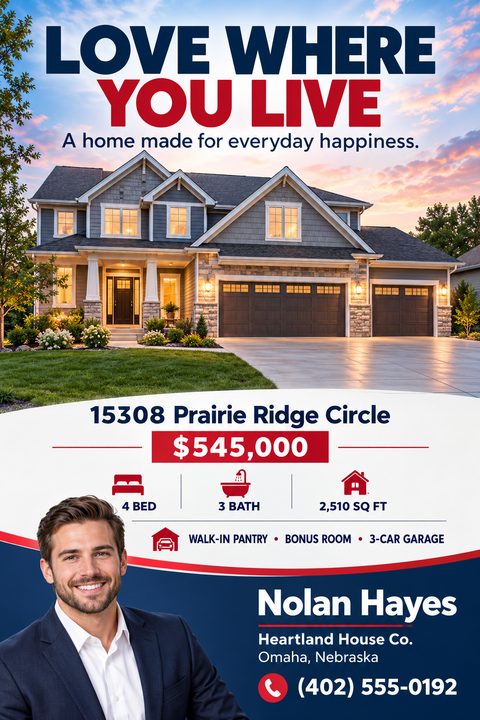 Real estate flyer featuring a large twilight photo of a suburban home, bold navy and red text, property details with icons, and a realtor headshot over a navy blue background.