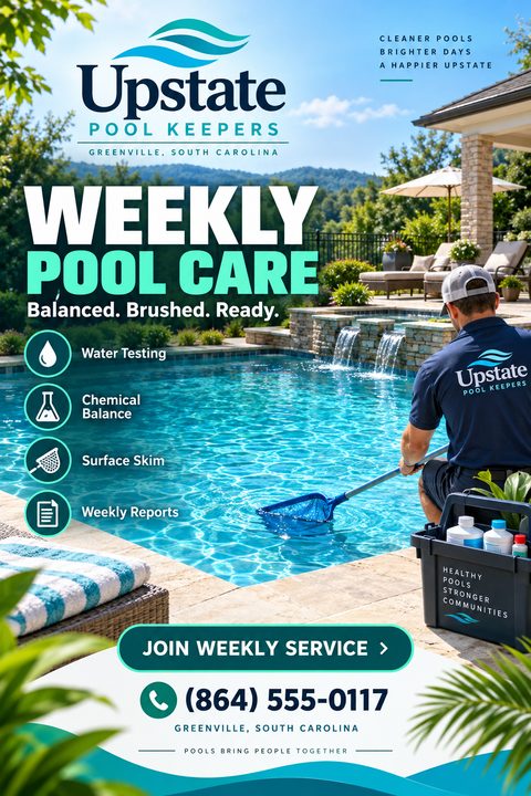A flyer for a pool cleaning service featuring a man skimming a bright blue swimming pool on a sunny day. The design uses bold navy and aqua text with icons listing maintenance services.