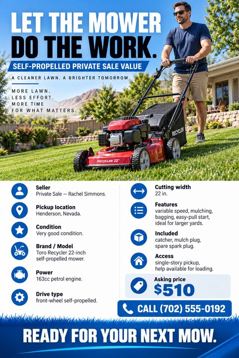 A flyer for selling a lawn mower. The top half shows a man mowing a sunny lawn with a red mower. The bottom half lists specifications with blue icons and an asking price.