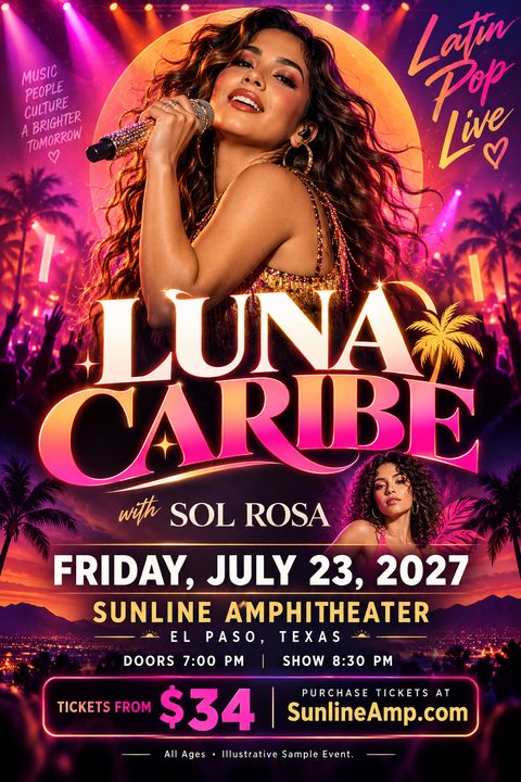 Vibrant neon concert flyer featuring a female singer holding a microphone against a glowing sunset and palm trees. Bold pink and gold text highlights the event details, supporting artist, and ticket information.