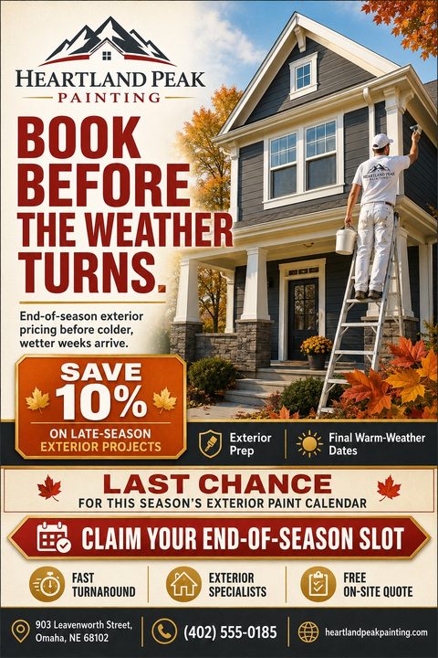 Flyer for Heartland Peak Painting offering 10% off late-season exterior projects. Features a photo of a painter on a ladder painting a house, with autumn leaves and bold red text reading 'Book before the weather turns.'