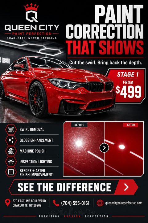 Flyer for paint correction services featuring a glossy red sports car, a before-and-after photo showing swirl removal, a list of services, and contact information on a dark background.