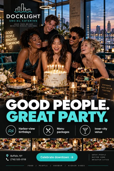 A dark-themed catering flyer featuring a large photo of friends celebrating a birthday with cake and food. Bold white and cyan text reads 'GOOD PEOPLE. GREAT PARTY.' with smaller food photos below.