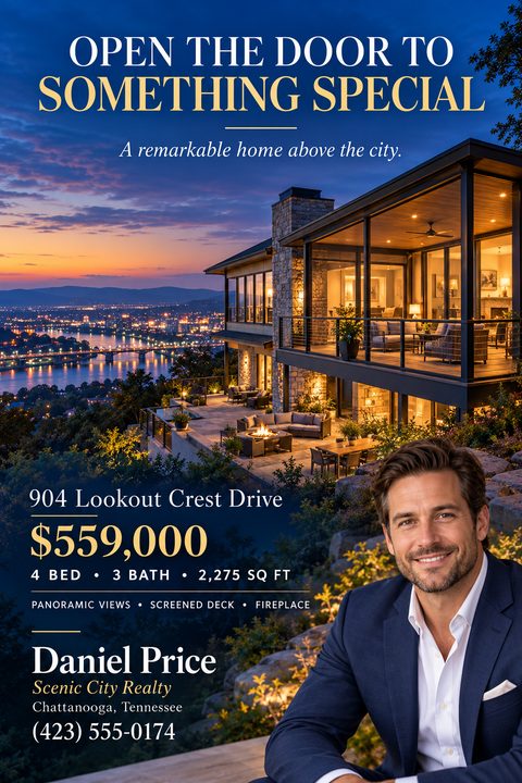 A luxury real estate flyer featuring a large photo of a modern home overlooking a city at twilight. It includes elegant gold text, property details, and a real estate agent's headshot.