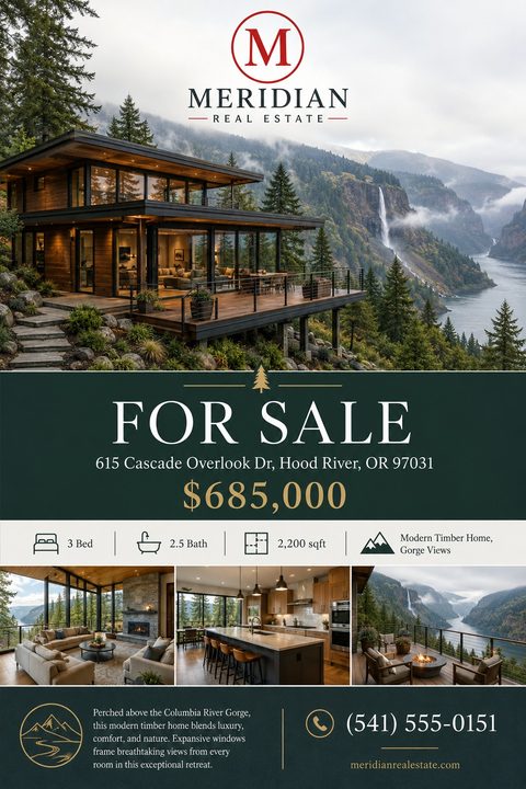 Real estate for sale flyer featuring a large photo of a modern timber home overlooking a gorge. Below, on a dark green background with gold text, are property details and three smaller interior photos.