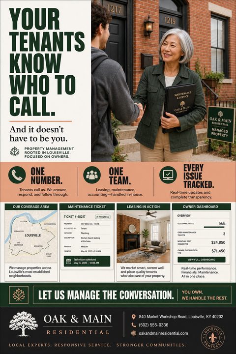 Property management flyer template with bold text 'YOUR TENANTS KNOW WHO TO CALL. And it doesn't have to be you.' featuring a photo of a property manager shaking hands with a tenant, service icons, and dashboard previews.
