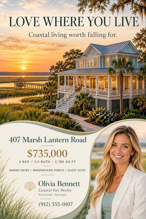Real estate listing flyer featuring a large sunset photo of a coastal home with a wraparound porch. The bottom section has wavy cream and sage borders, property details, and a realtor portrait.
