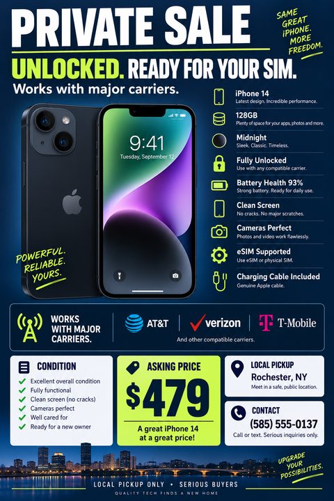 A dark blue flyer advertising a private sale for an unlocked smartphone. It shows front and back photos of a black phone, a list of specs with icons, carrier logos, condition details, an asking price of $479, and contact info for local pickup in.