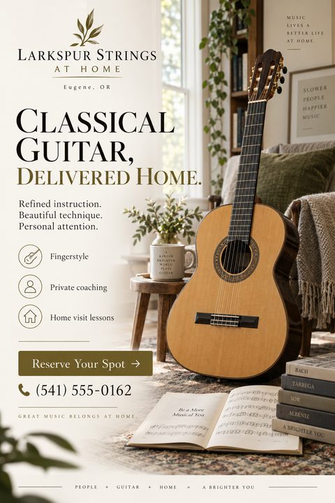 A flyer for in-home classical guitar lessons featuring a large photo of an acoustic guitar resting in a cozy, sunlit living room with sheet music on the floor. Elegant serif text details the services.