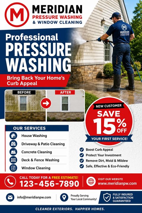 Flyer for Meridian Pressure Washing & Window Cleaning. Shows a worker power washing a house, before and after photos of a clean wall, a list of services, and a 15% off new customer discount.