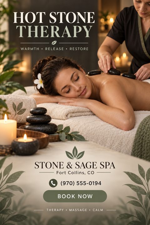 A woman receiving a hot stone massage in a spa setting with candles and greenery. Text reads 'Hot Stone Therapy', 'Warmth, Release, Restore', 'Stone & Sage Spa', and includes a phone number and 'Book Now' button.