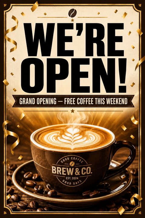 Flyer with a vintage cream background, gold confetti, and a large black 'WE'RE OPEN!' headline. Below is a banner reading 'GRAND OPENING - FREE COFFEE THIS WEEKEND' and a photo of a steaming latte in a dark mug surrounded by coffee beans.