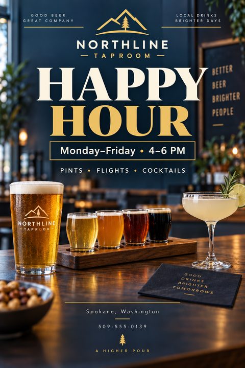Navy blue flyer with gold text reading 'Happy Hour Monday-Friday 4-6 PM'. Below is a photo of a pint of beer, a flight of four beers, and a cocktail on a wooden bar top.
