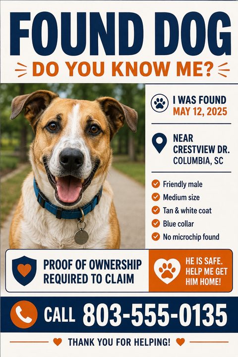 Found dog flyer template with a large photo of a tan and white dog. Bold navy text reads 'FOUND DOG' and orange text asks 'DO YOU KNOW ME?'. Includes sections for date found, location, description, and contact number.