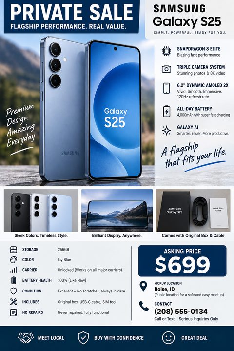 A flyer for a private sale of a Samsung Galaxy S25 smartphone. It features a large image of the blue phone, a list of key features like Snapdragon 8 Elite and Triple Camera System, three smaller photos showing colors, display, and accessories, a.