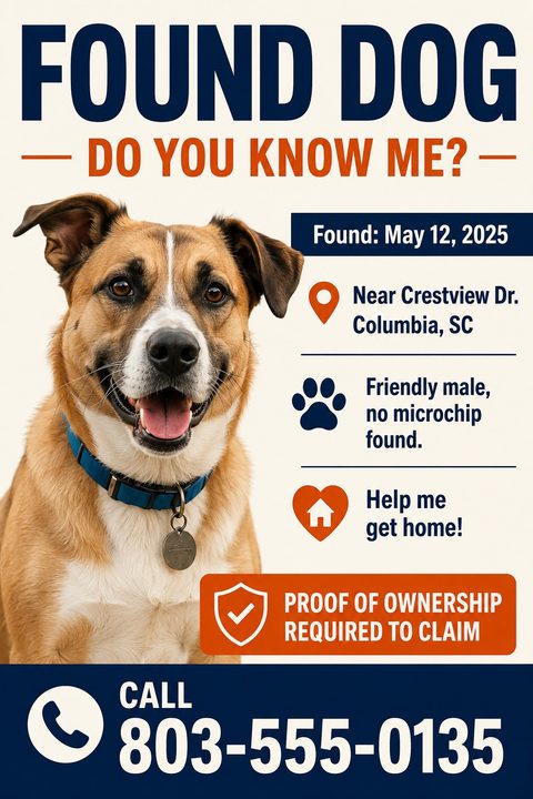 A found dog flyer featuring a large photo of a tan and white dog. Bold navy and orange text reads Found Dog alongside location, description, and contact details with helpful icons.