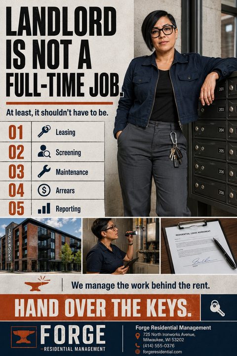 Property management flyer with a large headline 'Landlord is not a full-time job.' A woman stands by mailboxes. A numbered list details services: Leasing, Screening, Maintenance, Arrears, Reporting. Three smaller photos show an apartment building, a.