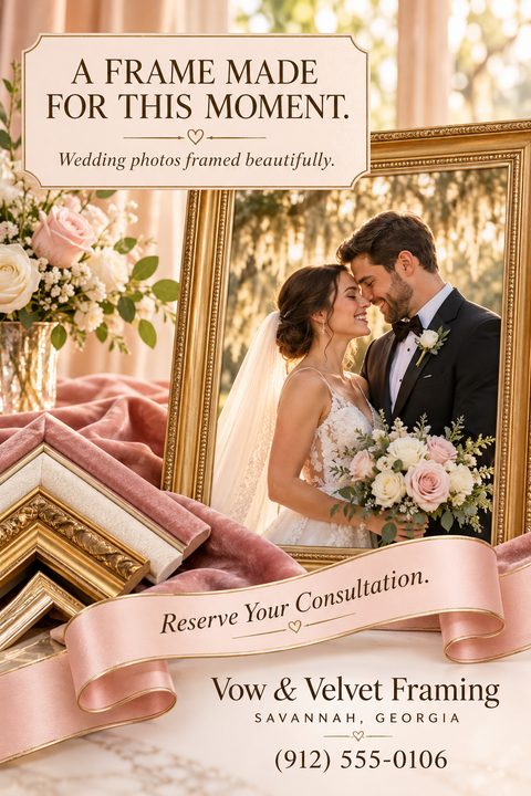 A flyer for Vow & Velvet Framing in Savannah, Georgia, showing a framed photo of a bride and groom, frame samples, and a pink ribbon that says 'Reserve Your Consultation.'