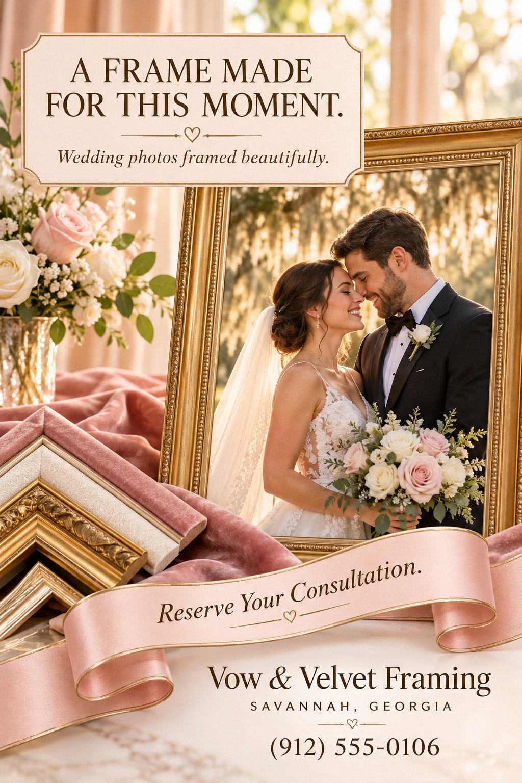 A flyer for Vow & Velvet Framing in Savannah, Georgia, showing a framed photo of a bride and groom, frame samples, and a pink ribbon that says 'Reserve Your Consultation.'