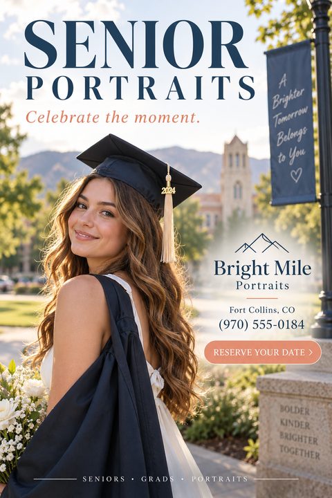 A flyer for senior portraits featuring a smiling young woman in a graduation cap and gown standing on a college campus. The text reads 'Senior Portraits. Celebrate the moment.' with contact information for Bright Mile Portraits.