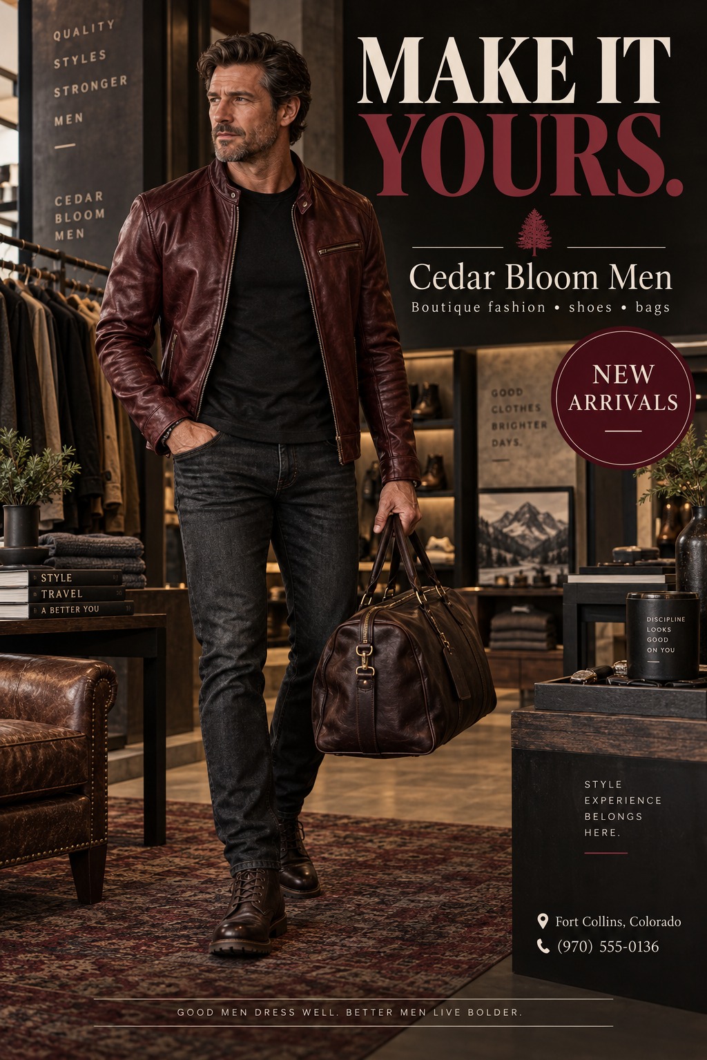 A flyer for a men's fashion boutique titled 'Make It Yours'. It features a man in a leather jacket carrying a duffel bag in a stylish store setting, with a 'New Arrivals' badge.