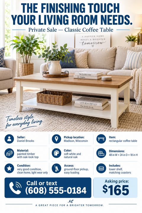 Flyer for a private sale of a classic coffee table. The top half features a large photo of a white and oak coffee table in a living room. The bottom half uses a grid with icons to list details like seller, location, material, dimensions, and.