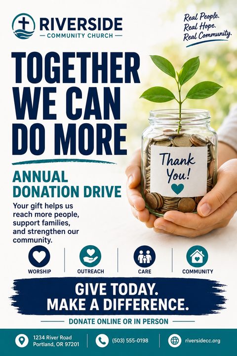 Church donation drive flyer with a photo of hands holding a glass jar full of coins with a small green plant growing out of it. The text reads 'Together We Can Do More, Annual Donation Drive'.