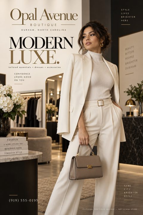 Fashion boutique flyer template featuring a woman in a white suit holding a handbag in a stylish store setting. Text reads 'Modern Luxe. tailored essentials, dresses, accessories'.