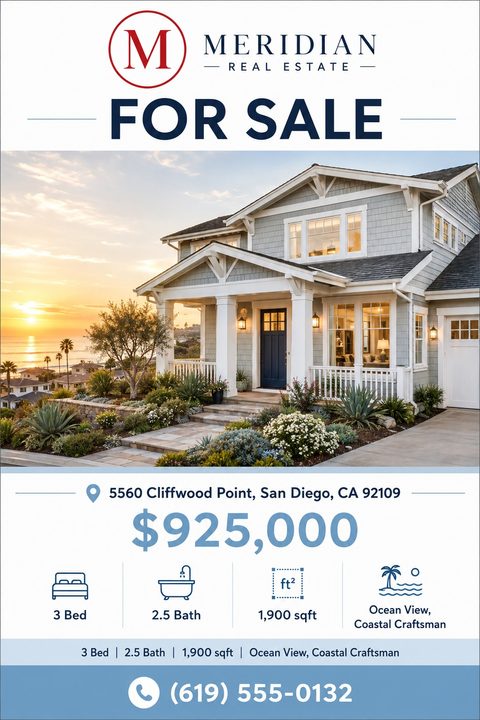 Real estate flyer template with a large photo of a coastal craftsman home at sunset. Text reads 'For Sale', with address, price of $925,000, and icons for 3 beds, 2.5 baths, 1,900 sqft, and ocean view. Phone number at the bottom.