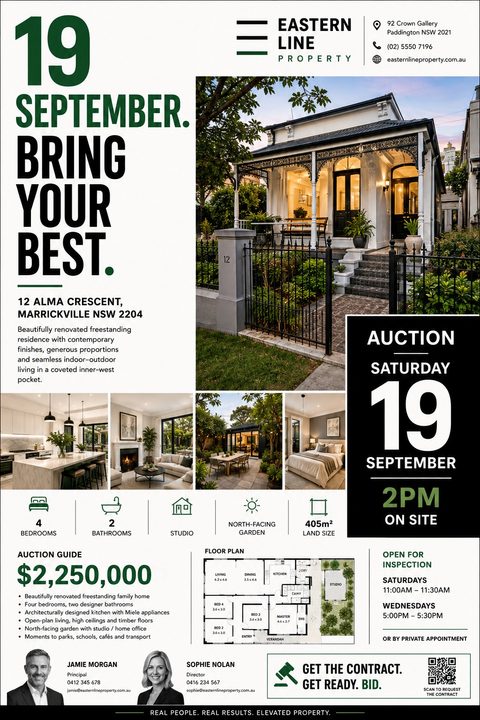 Real estate auction flyer template with a large photo of a house exterior, four smaller interior photos, a floor plan, property details, auction date and time, and agent contact information.