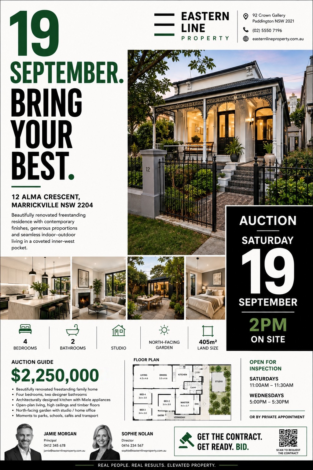 Real estate auction flyer template with a large photo of a house exterior, four smaller interior photos, a floor plan, property details, auction date and time, and agent contact information.