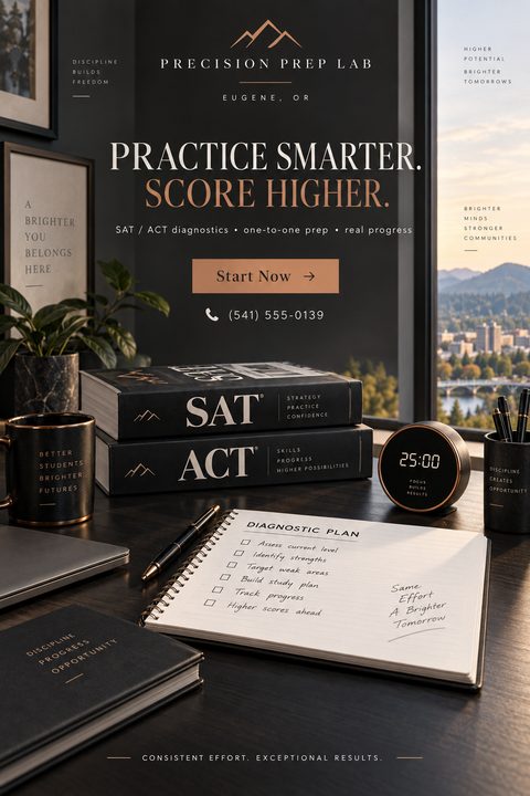A dark-themed flyer for a test prep center, featuring a desk with SAT and ACT books, a notebook, a timer, and a view of a city and mountains through a window.