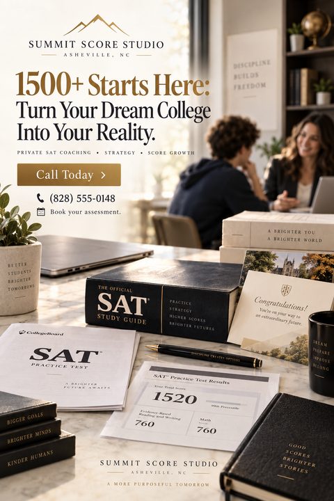 A flyer for SAT coaching services. The top half features a large headline '1500+ Starts Here: Turn Your Dream College Into Your Reality' with a gold 'Call Today' button and phone number. In the background, a tutor and student are working. The bottom.