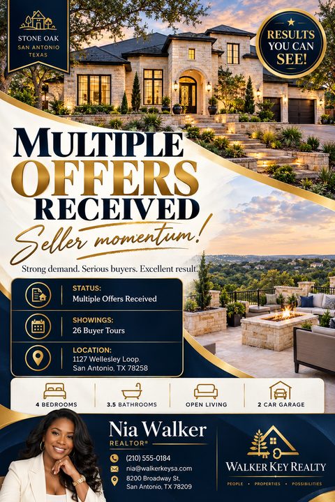 Real estate flyer template with a navy and gold color scheme, featuring photos of a luxury home, text reading 'Multiple Offers Received', property details, and agent contact information.