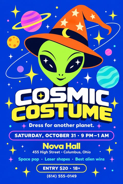 A vibrant blue Halloween party flyer featuring a green alien wearing an orange witch hat, surrounded by colorful planets and stars. Bold white and yellow text announces a cosmic costume event.