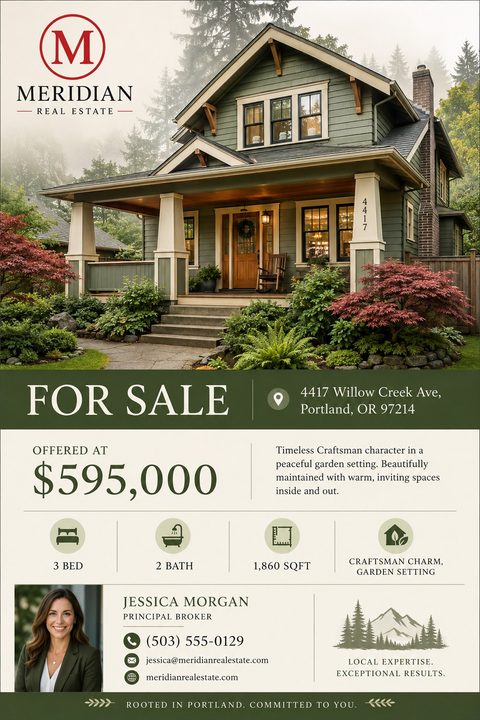 Real estate for sale flyer featuring a large photo of a green craftsman house. Below is a green banner with the address, followed by price, property icons, and agent contact details on a cream background.