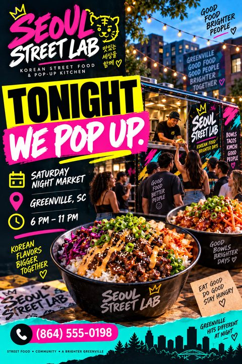 A vibrant flyer for a food truck pop-up featuring neon pink and yellow text on a dark background, with photos of a bustling food truck and a delicious Korean BBQ rice bowl.