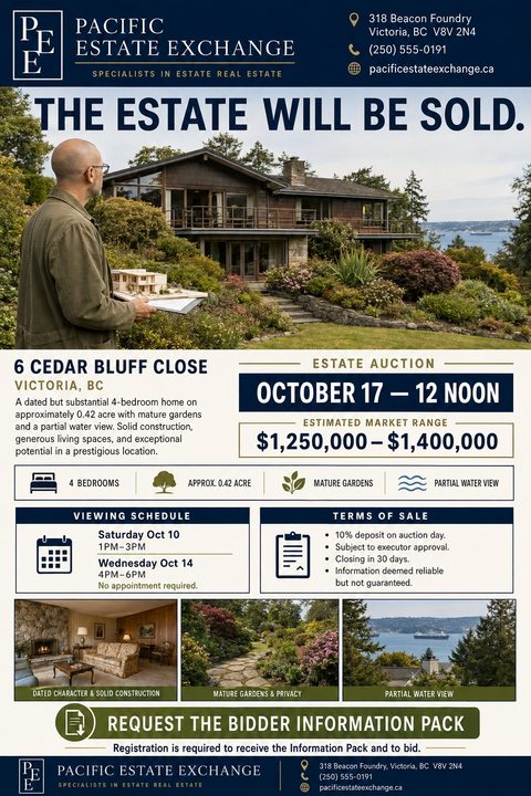 Real estate auction flyer template with a large photo of a man looking at a house, property details, viewing schedule, terms of sale, and three smaller photos of the interior, garden, and view.