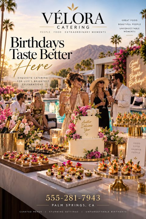 A luxurious outdoor poolside birthday party at sunset, featuring a foreground table filled with elegant appetizers, a floral cake, and champagne, with well-dressed guests mingling.