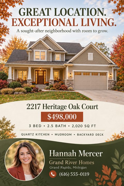 Real estate flyer template with a large photo of a suburban house in autumn, property details, price, and a real estate agent's headshot and contact information at the bottom.