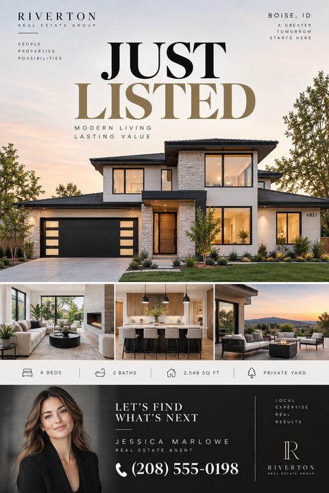 Real estate flyer template with 'JUST LISTED' in large serif font over a modern two-story house at dusk. Below are three smaller photos of a living room, kitchen, and patio, followed by property icons and an agent photo with contact details on a.