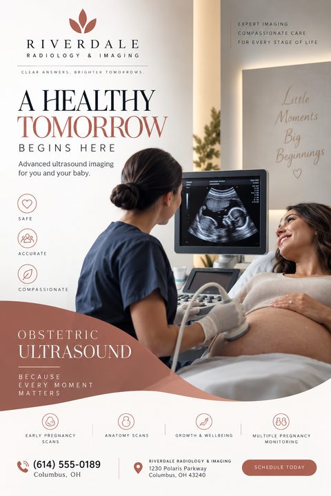 A flyer for obstetric ultrasound services featuring a photo of a technician performing an ultrasound on a smiling pregnant woman. The design uses warm cream and terracotta tones with elegant serif text.