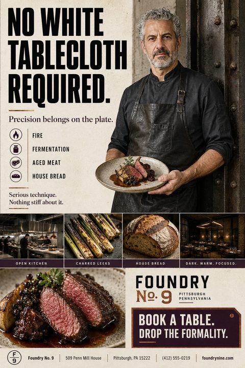 A restaurant flyer with a large photo of a chef holding a plated dish. Bold text reads 'No White Tablecloth Required.' Below is a grid of four photos showing an open kitchen, charred leeks, house bread, and a dark dining room. The bottom section.