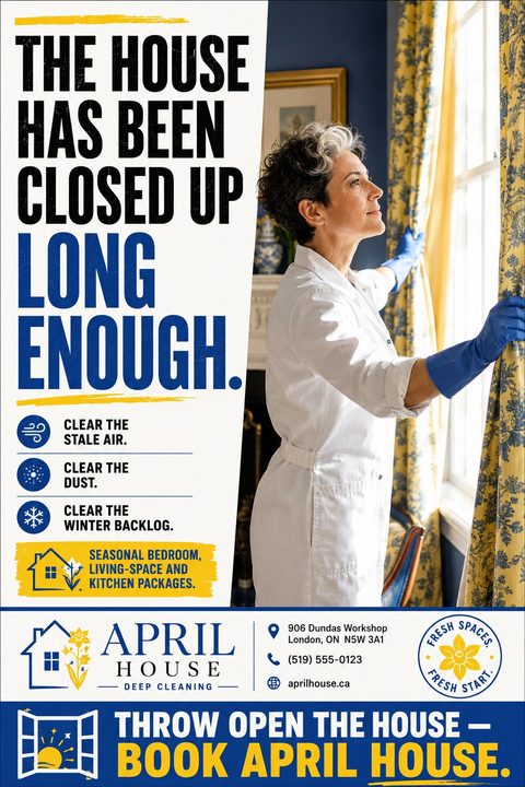 A spring cleaning flyer featuring a woman in blue gloves opening yellow curtains. The left side has bold black and blue text on a white background, with yellow accents and service icons.
