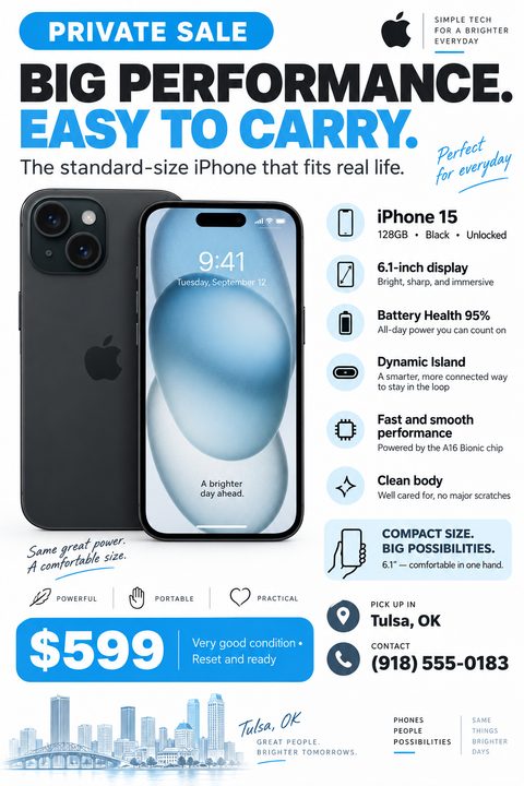 A modern flyer for selling a smartphone. It features two images of a black phone, bold blue and black text, a bulleted list of specs with icons, a large price, and a city skyline illustration.
