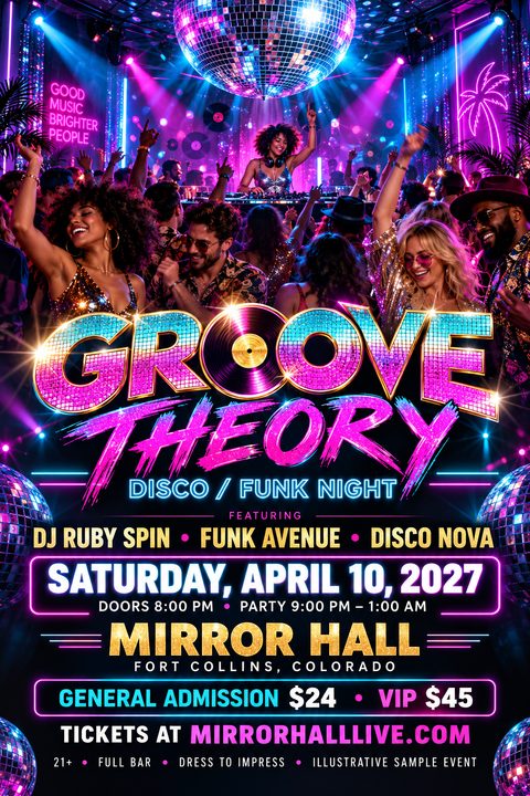Vibrant neon flyer for a disco funk night featuring a dancing crowd under a large disco ball, with glowing pink and blue text and event details on a dark background.